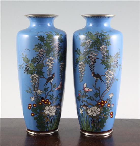 A pair of Japanese silver wire cloisonne enamel vases, early 20th century, 21cm